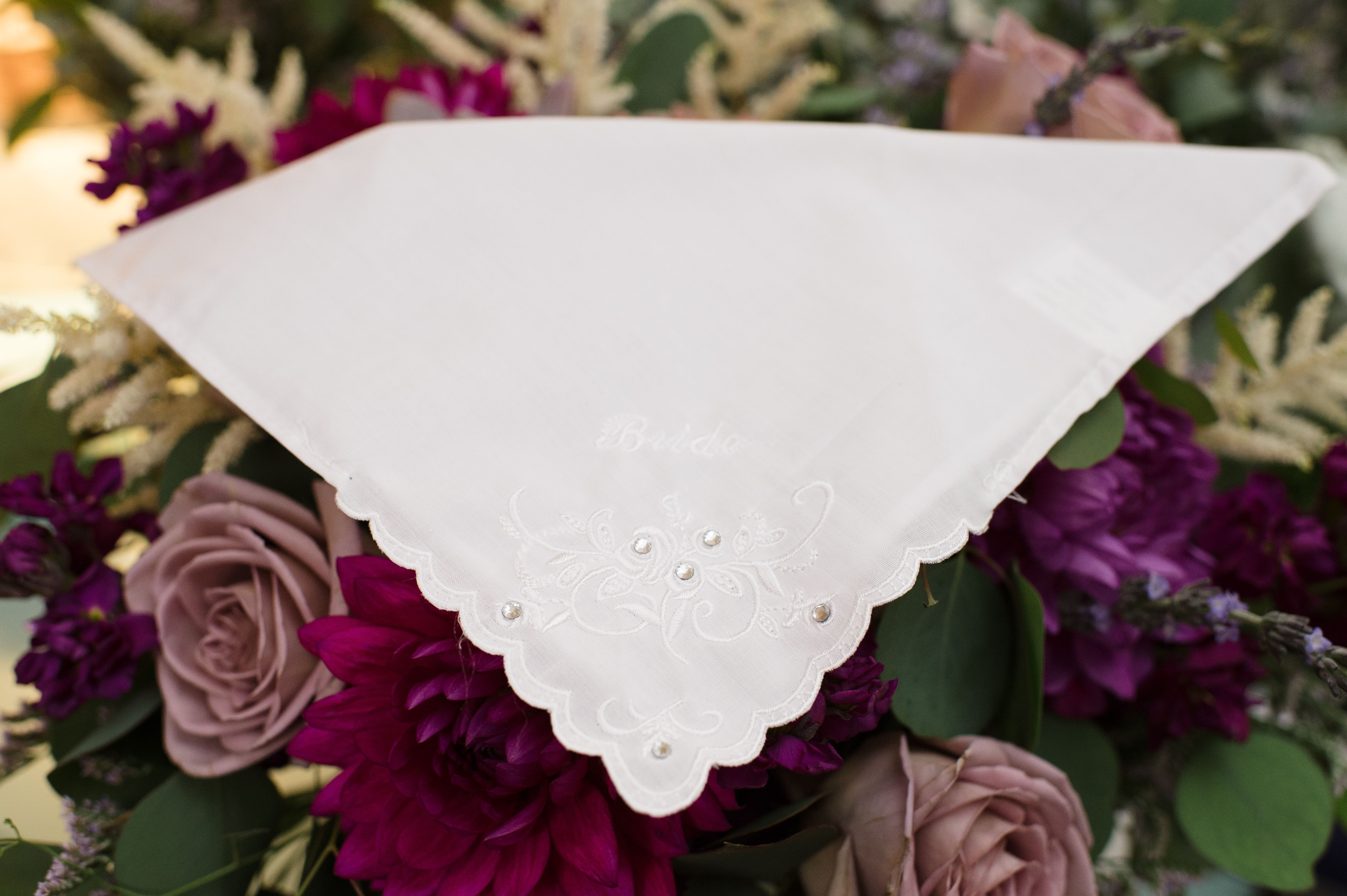 handkerchief on bridal bouquet